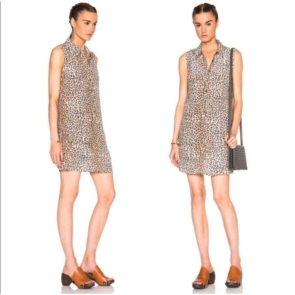EQUIPMENT FEMME 100% Silk Lucida Leopard Print Popover Shirt Dress Pockets, Sz M